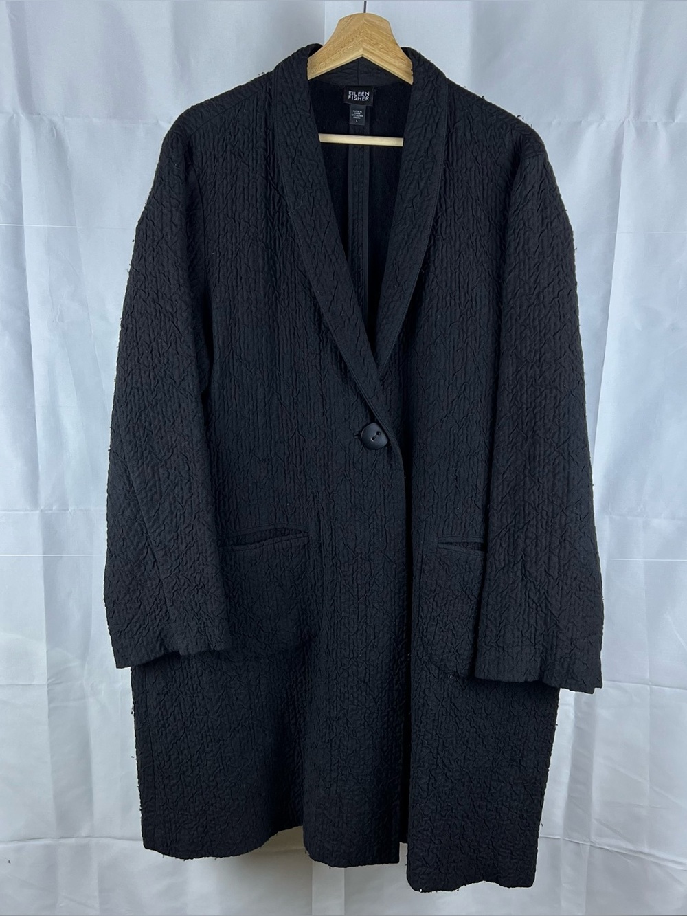 Eileen Fisher Black Long Blazer Jacket Large Career Cocktail Wool Linen